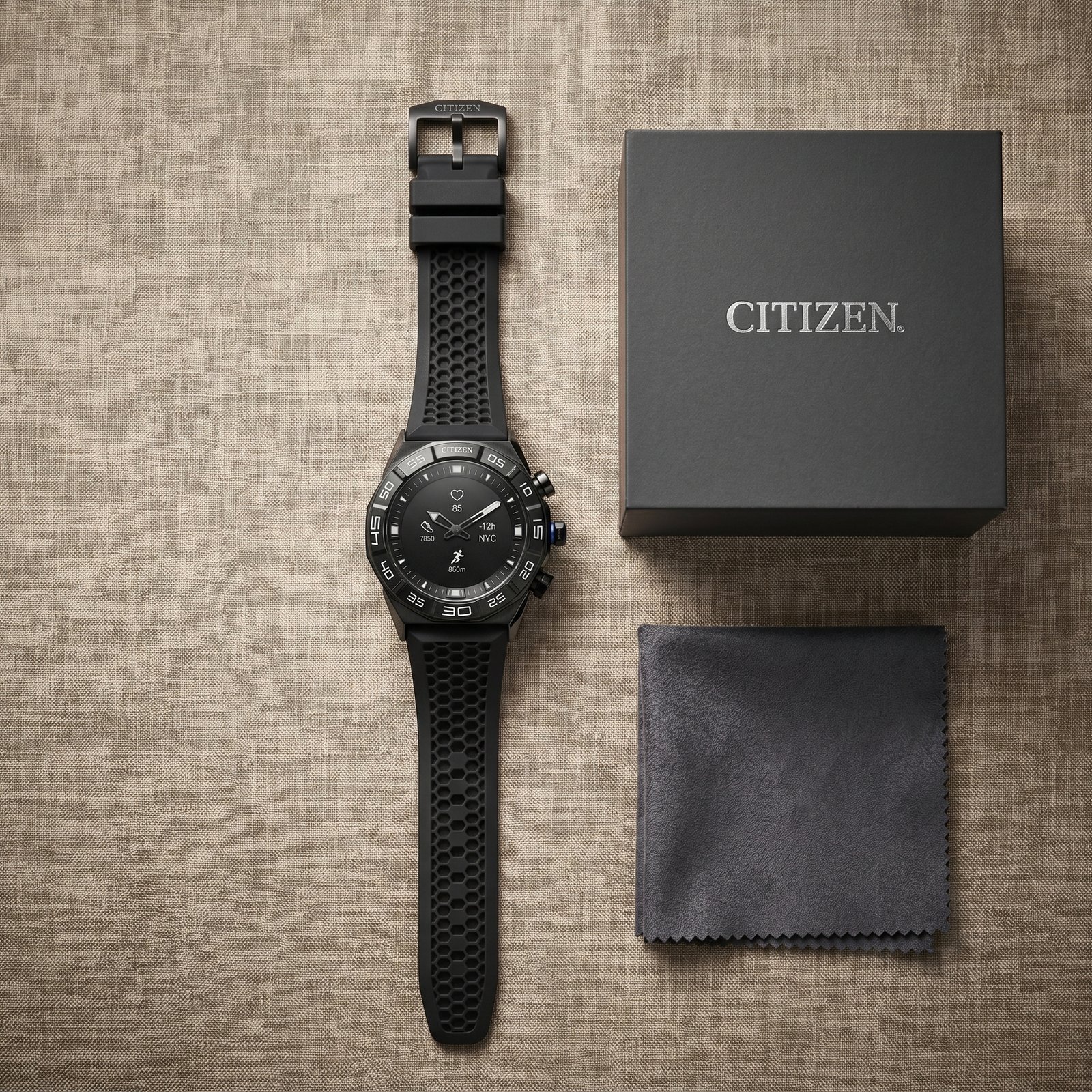 Citizen CZ Smart Hybrid black flat-lay with box